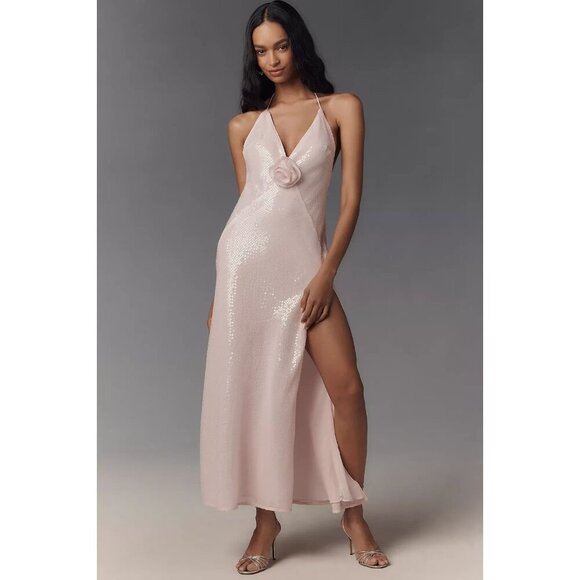 Bardot Aradia Sequin Halter Slip Dress Baby Pink 12 - Picture 1 of 4